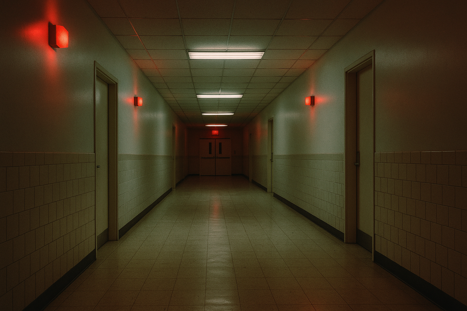A cold white hallway with red emergency lighting and flickering fluorescent bulbs.