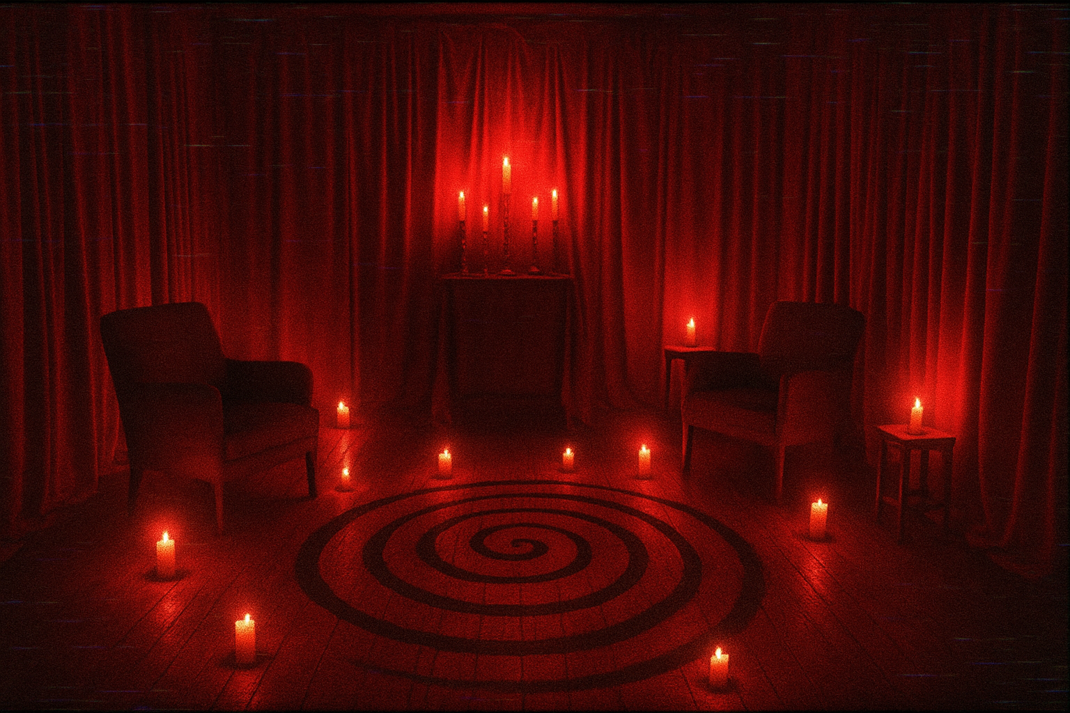 A ritual therapy room with crimson drapes, candles, and a strange spiral on the floor.